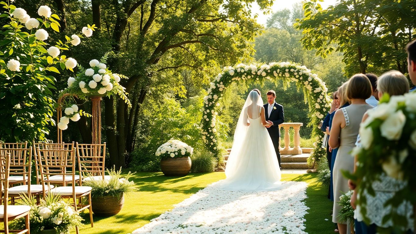 Bride walking down floral aisle in garden wedding
