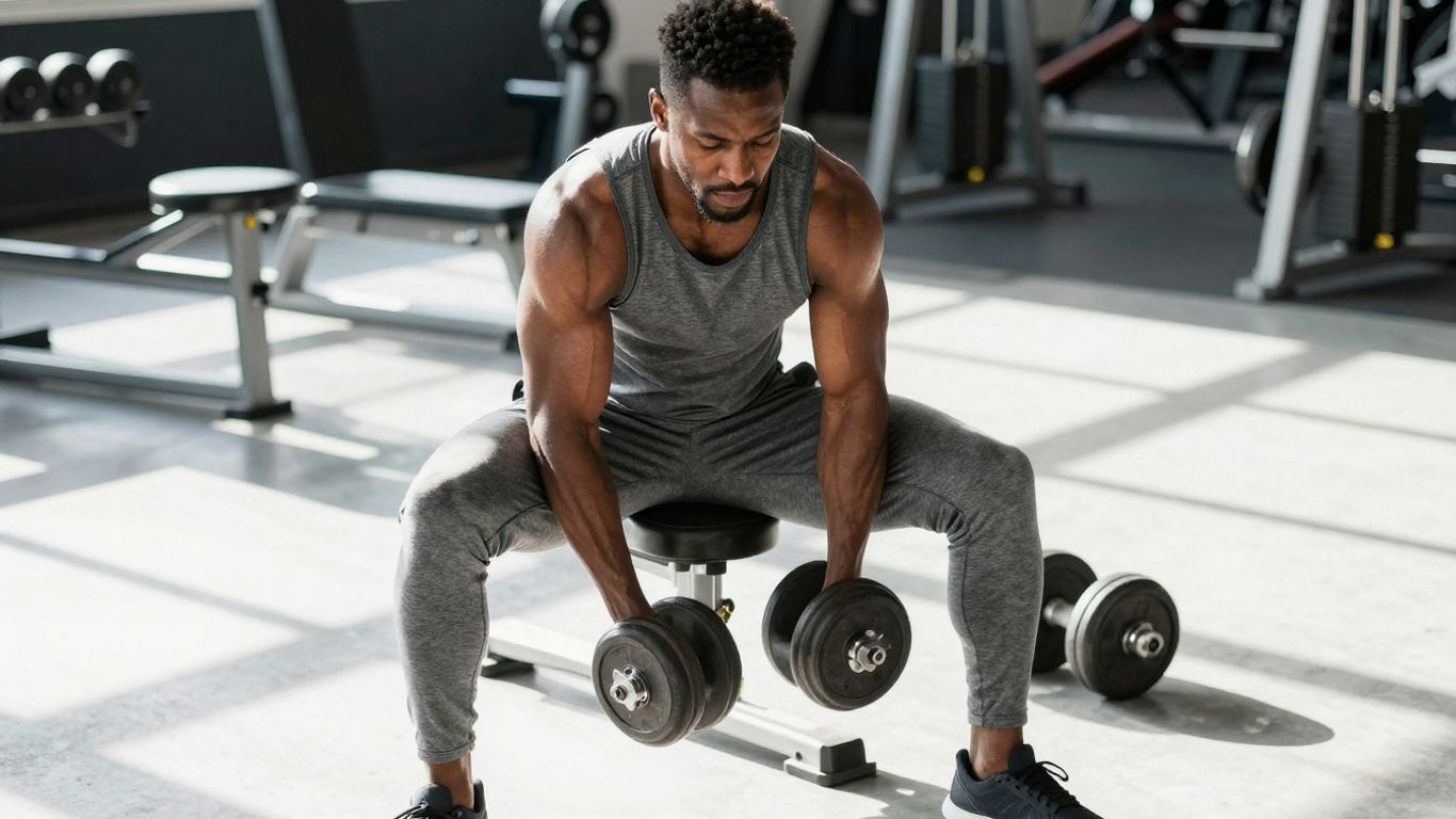 Muscular man flexing with dumbbell in gym.
