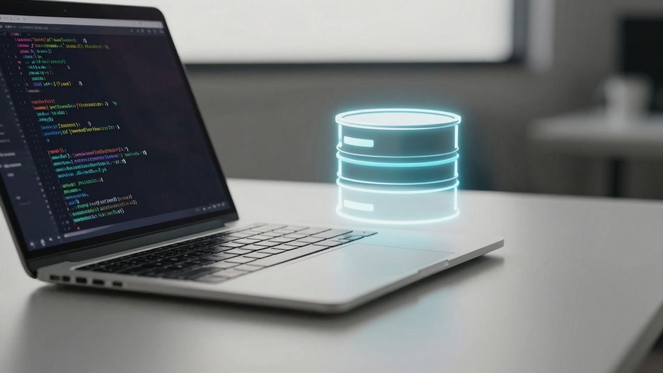 Modern desk with laptop showing abstract code and database icon.