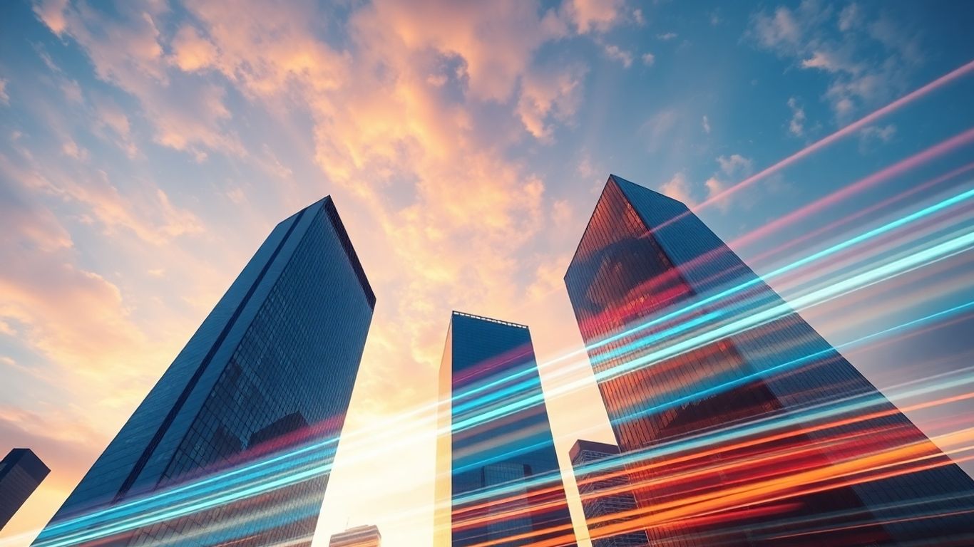 Global finance skyscrapers with abstract light trails