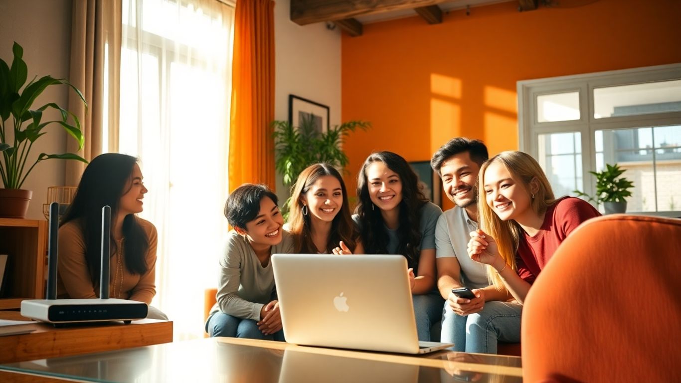 Estudantes usando internet em república estudantil.