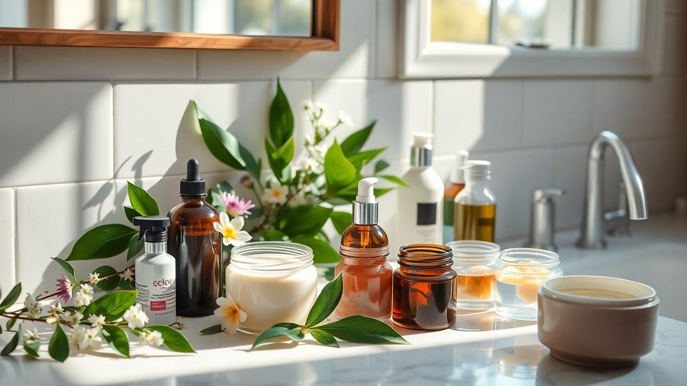 Natural skincare products with plants on a counter.