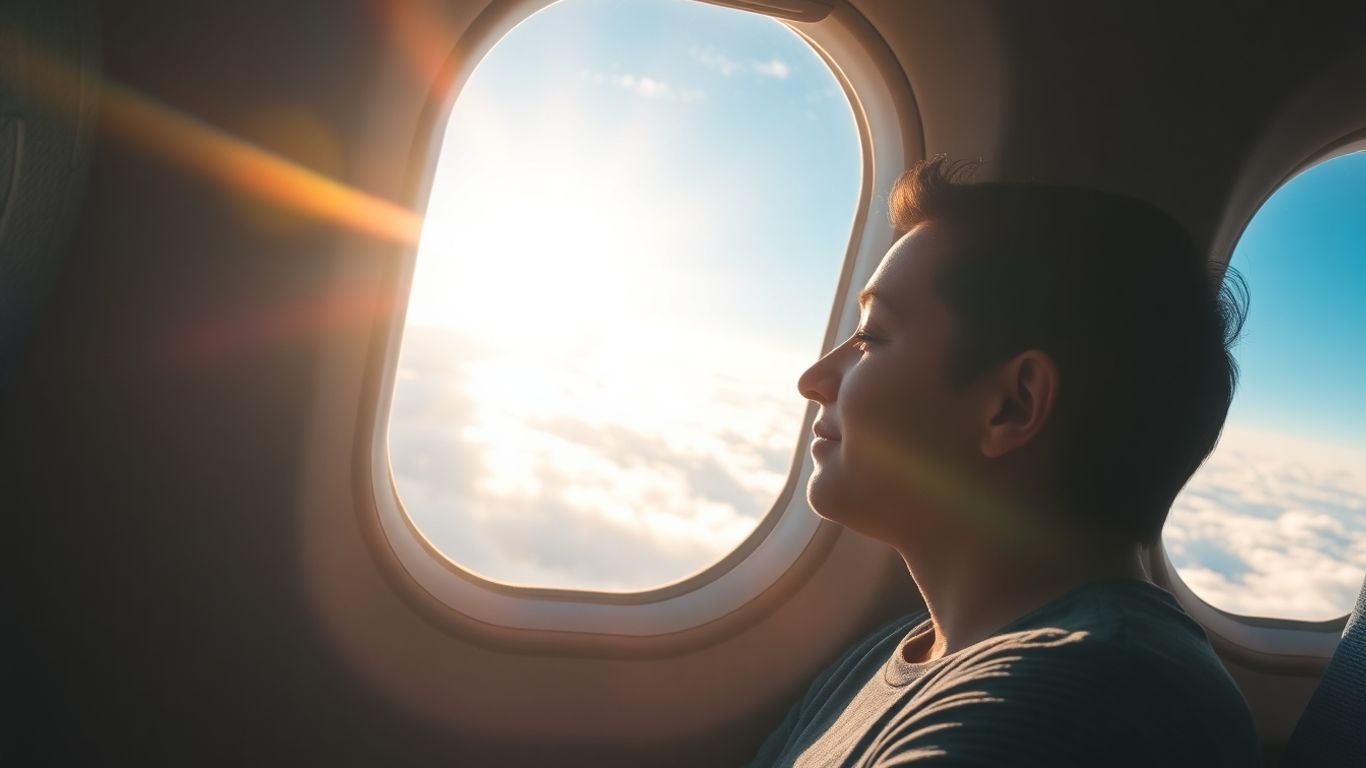 Person peacefully looking out airplane window at sky.
