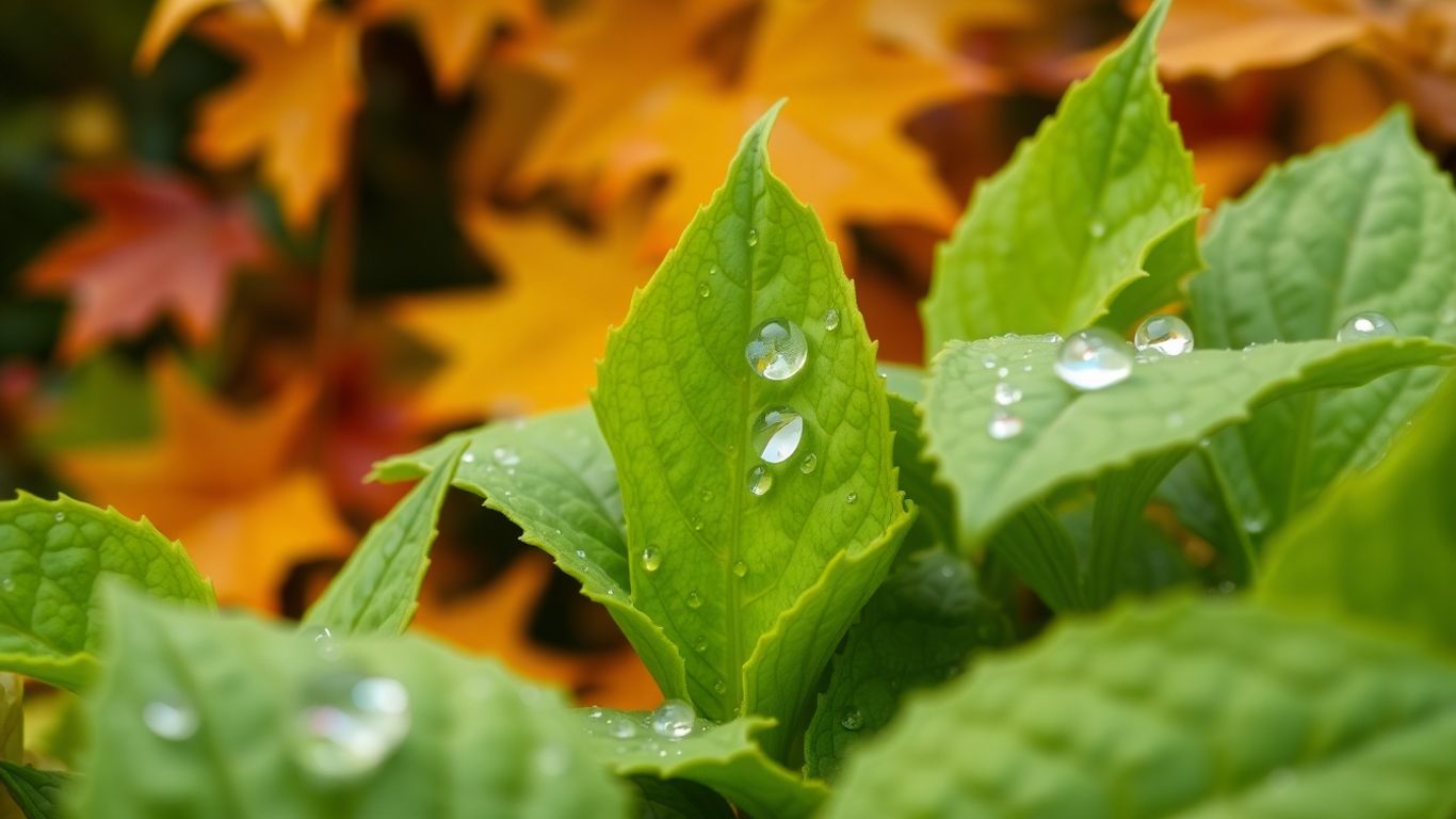 Gesunde Pflanzenblätter mit Tautropfen im Herbstlicht.