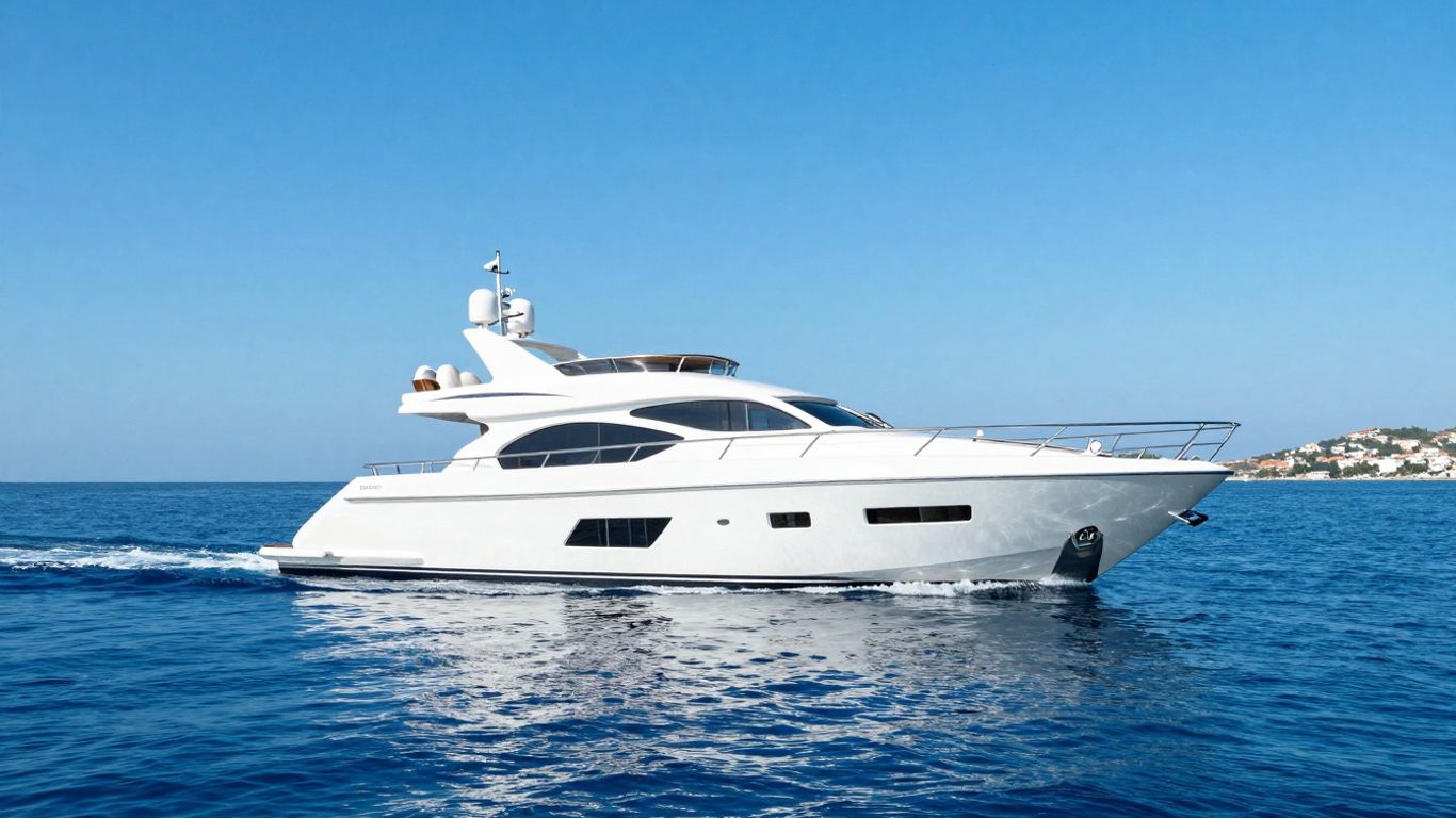 Luxurious yacht sailing on a clear blue ocean.