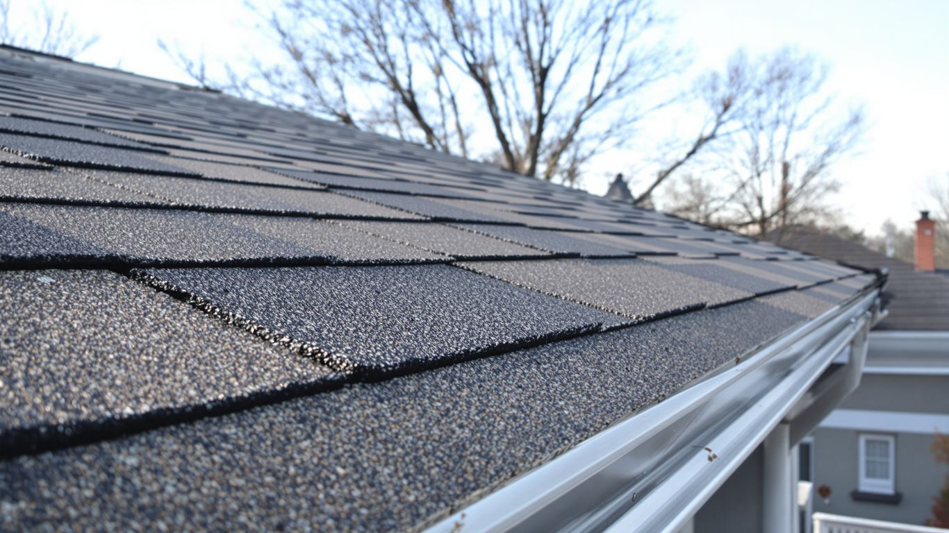 Residential rooftop with shingles and gutters under a clear sky.
