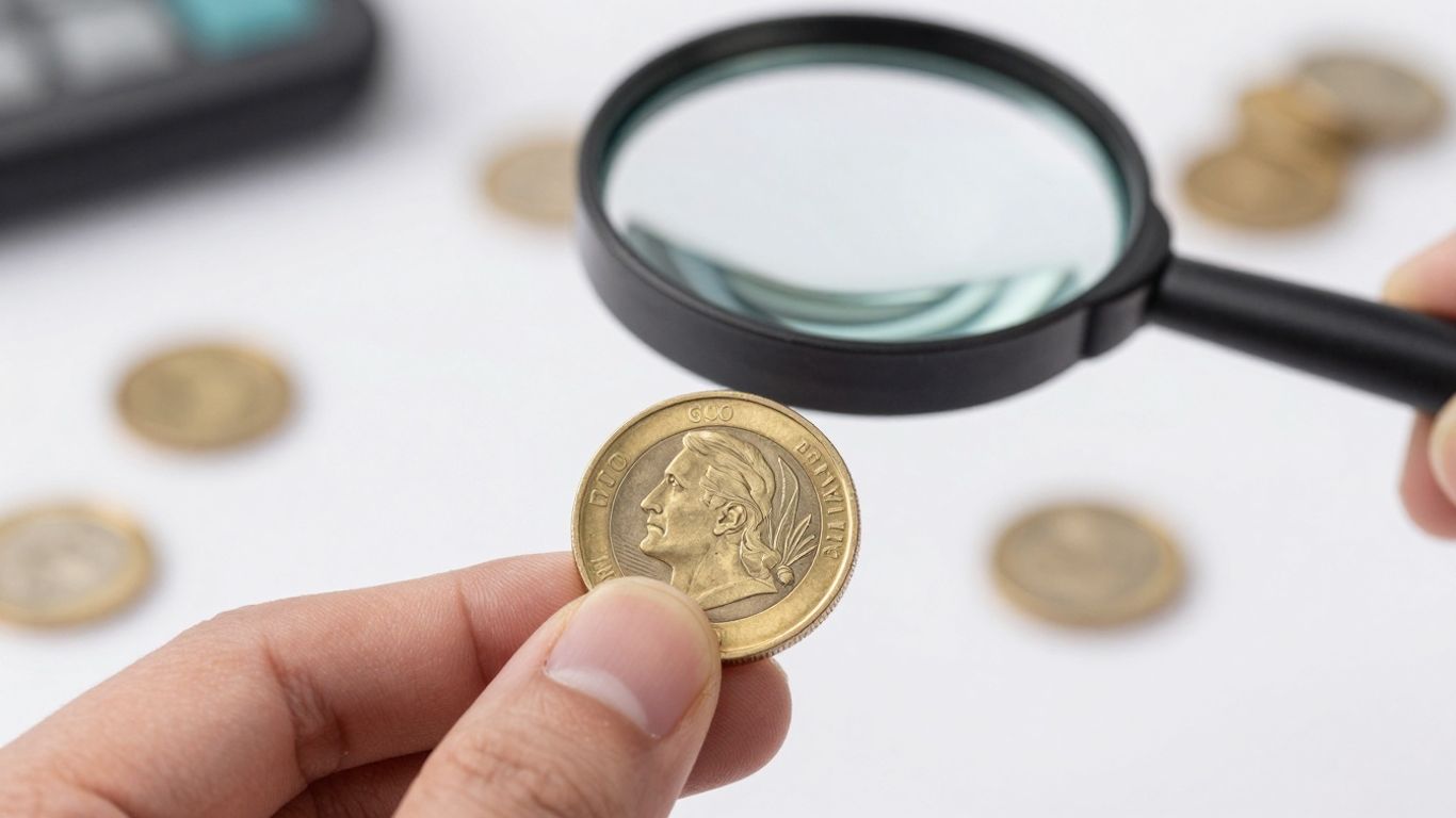 一只金色的手正用放大镜查看一枚金币。