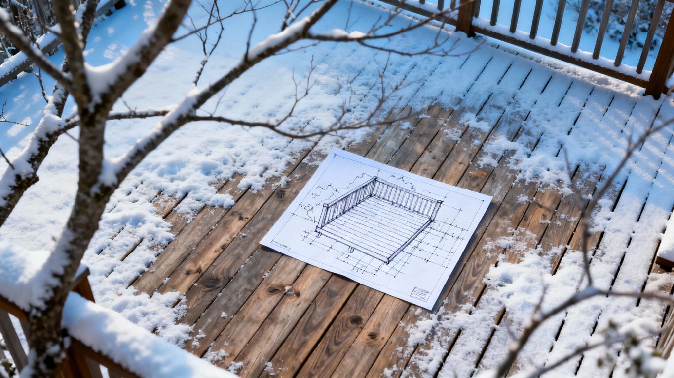 Winter deck planning with blueprints on a snowy deck.