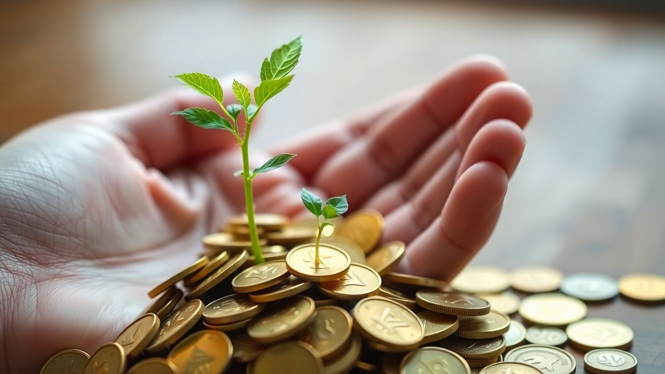 Green seedling growing from a pile of gold coins.