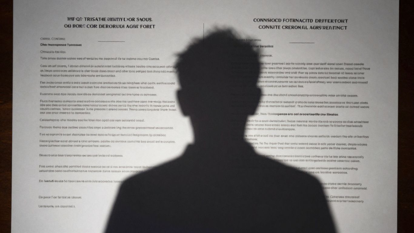 Silhouette against contract documents, gentle lighting.