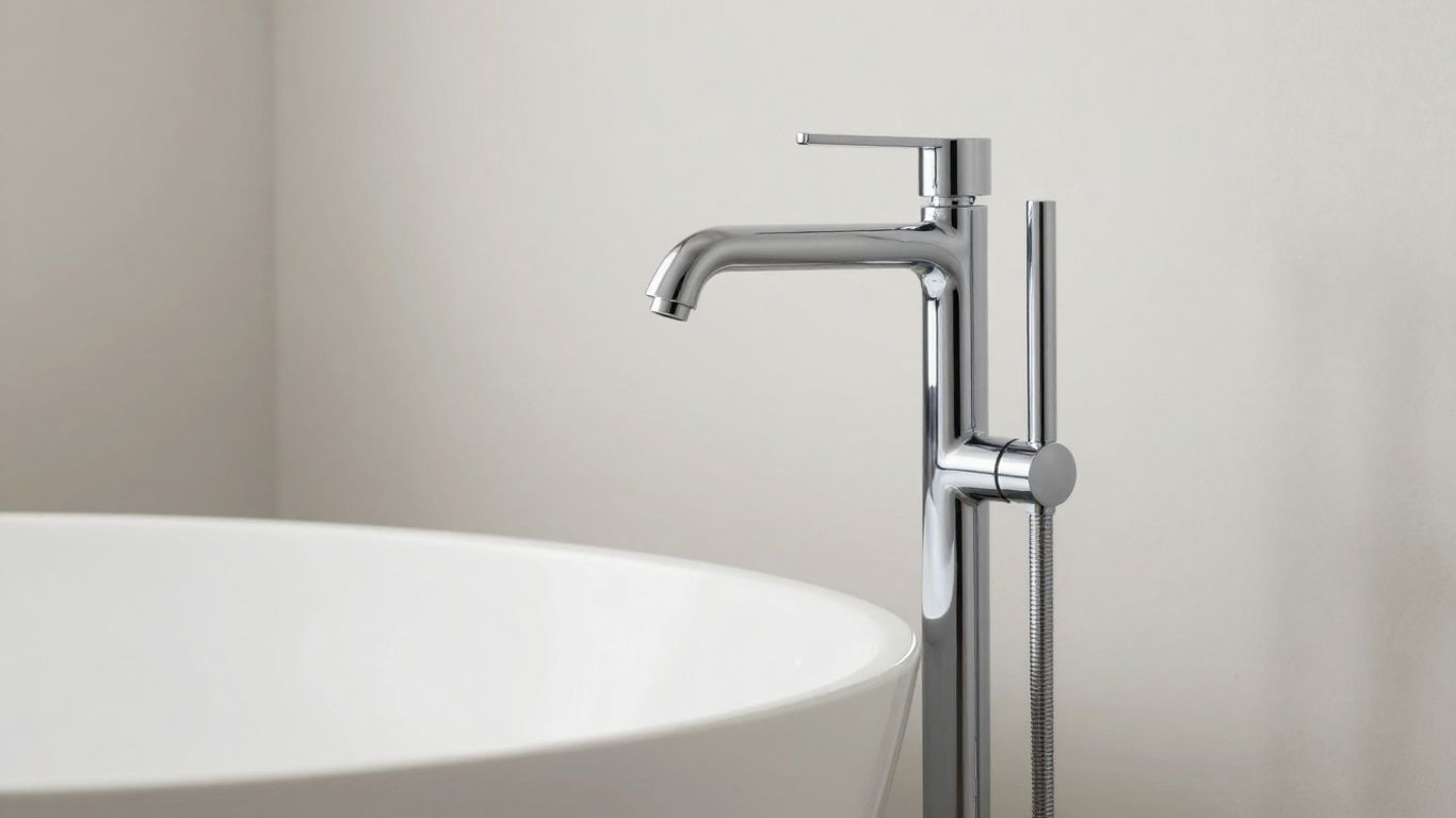Modern freestanding bathtub faucet next to a soaking tub.