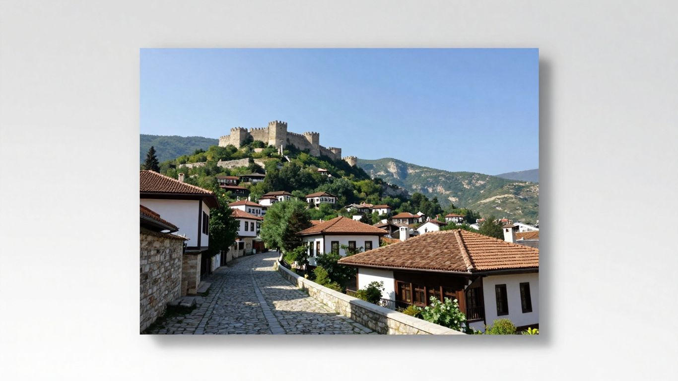Historic Prizren, Kosovo cityscape with fortress and mountains.