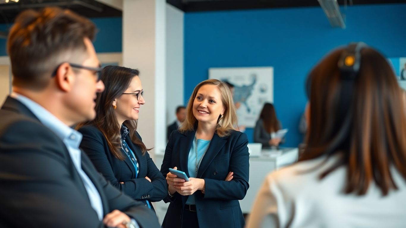 Nürnberger Arbeitsmarkt: Menschen im Gespräch, blaue Akzente.