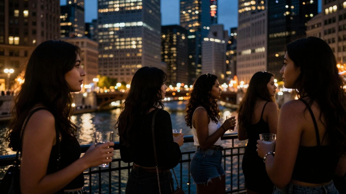 Attractive women in Chicago at night