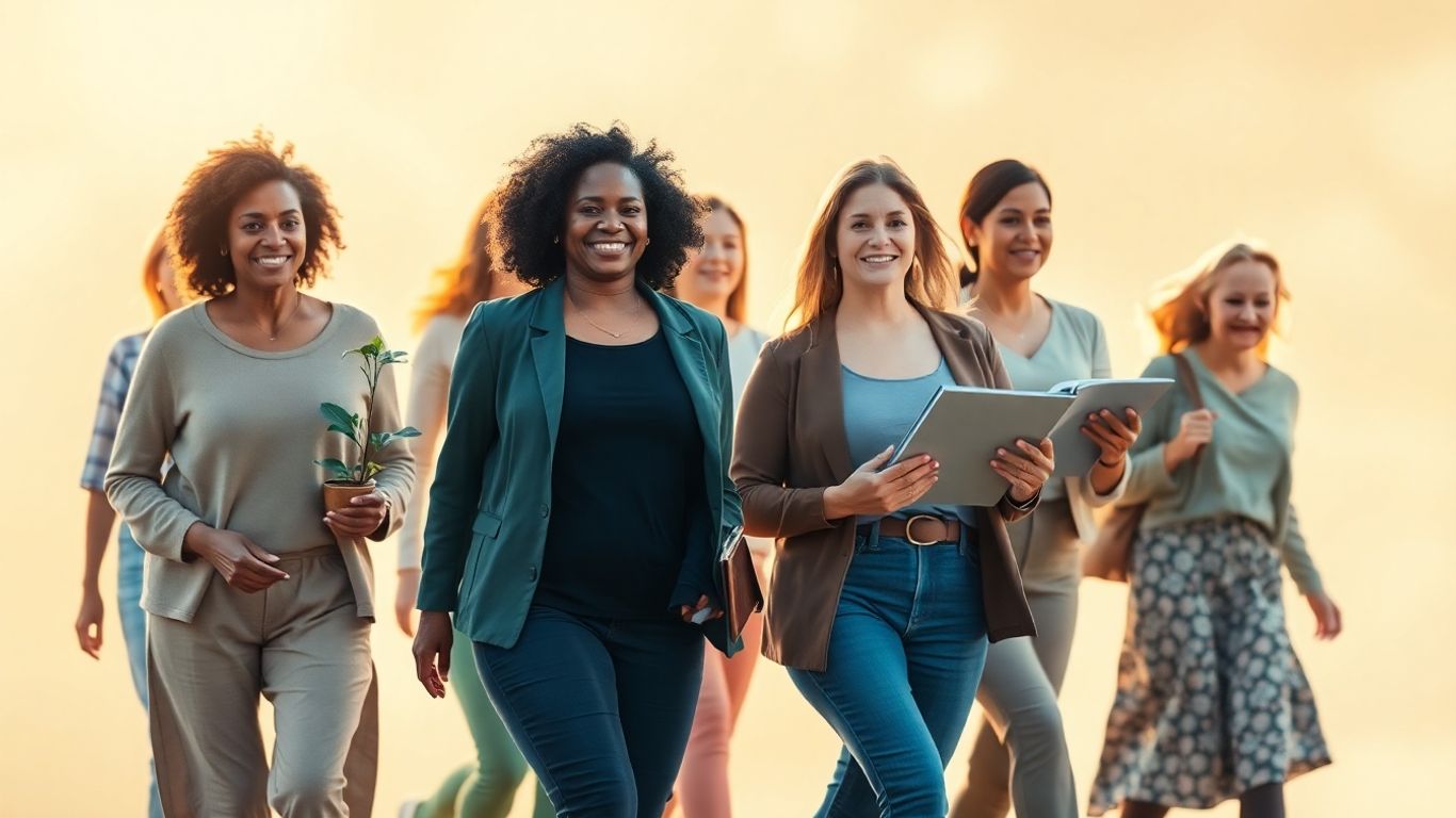 Diverse women moving forward with symbols of growth and creativity.