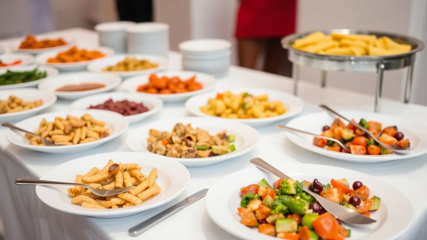 Buffet table with catering dishes and serving utensils.