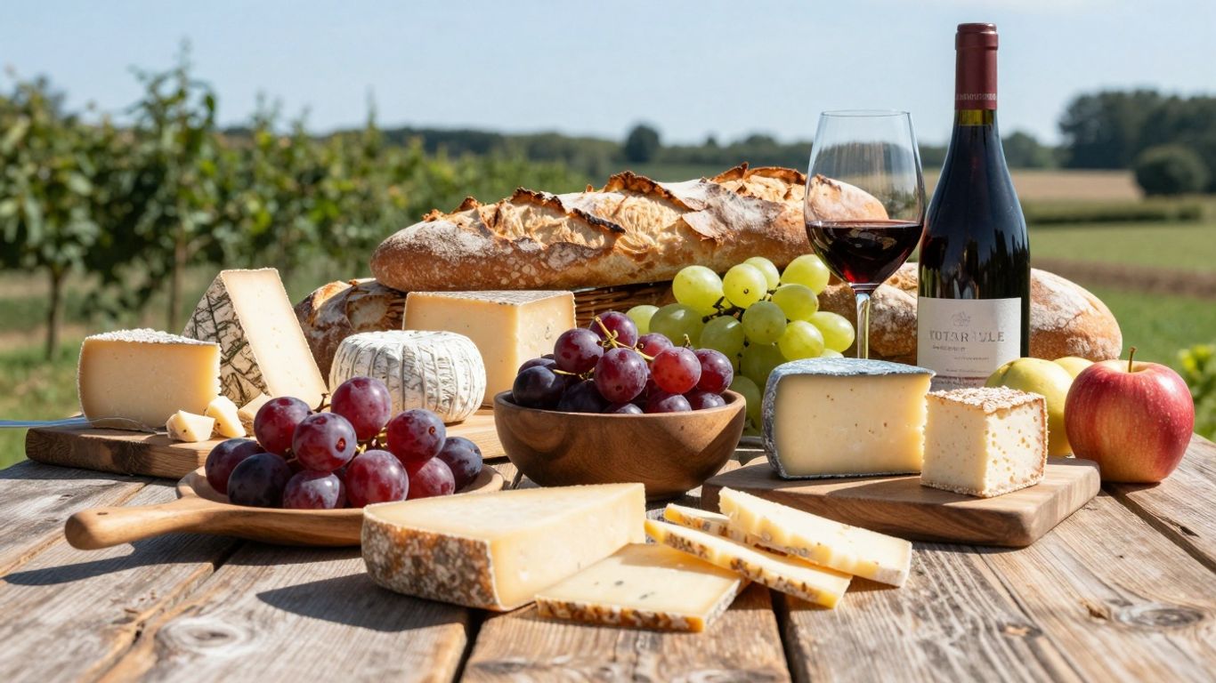 Masă cu brânzeturi, pâine, fructe și vin.