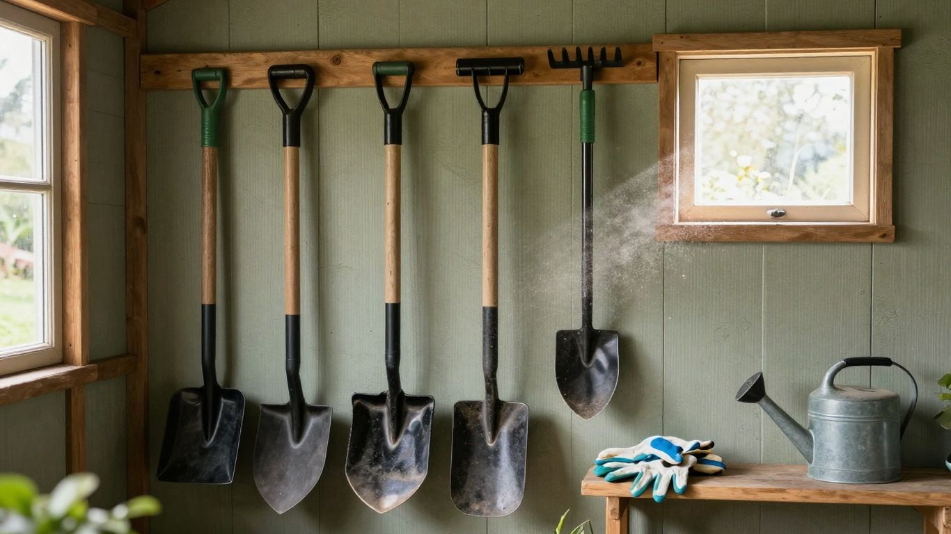 Organized garden tools in a shed for winter storage.