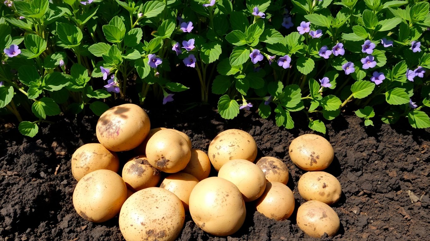 Biologische aardappelen in de volle grond met groene planten.