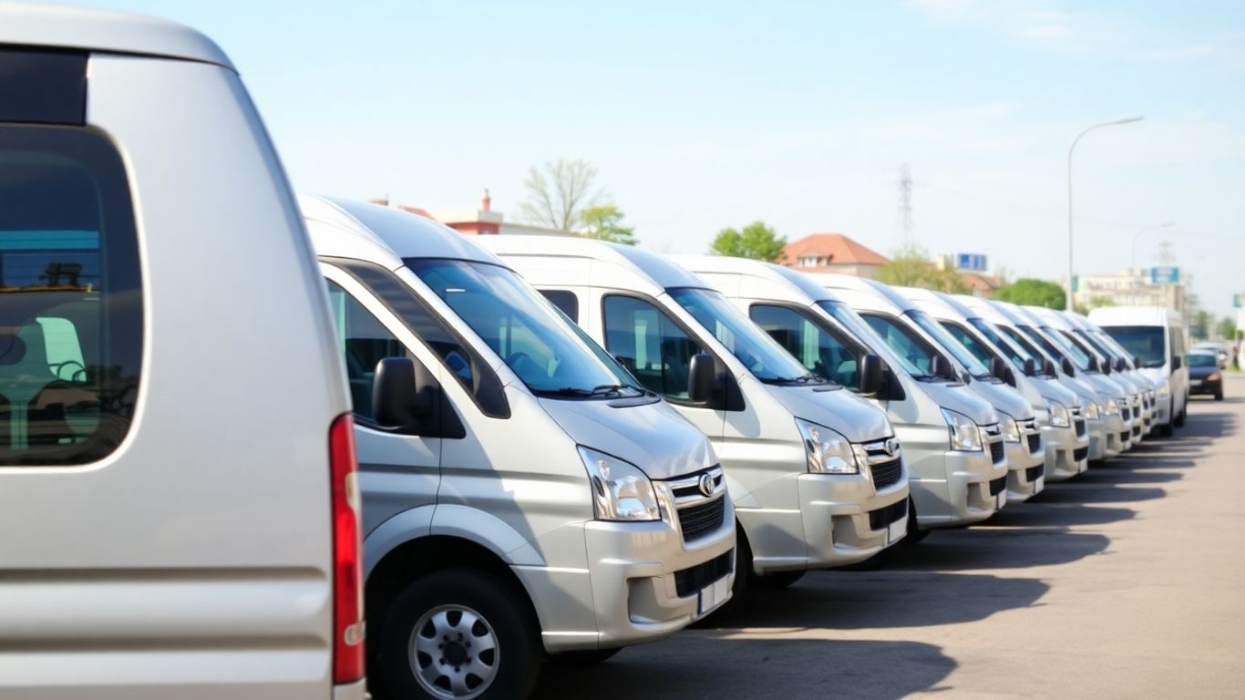 Fleet of 12-seater minibuses ready for hire.