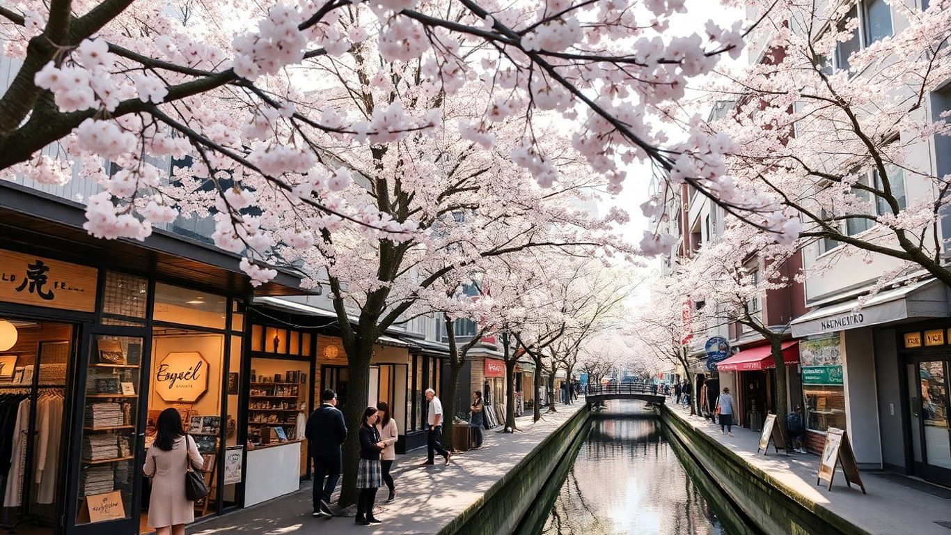 Nakameguro shopping street with boutiques and cherry blossom trees.