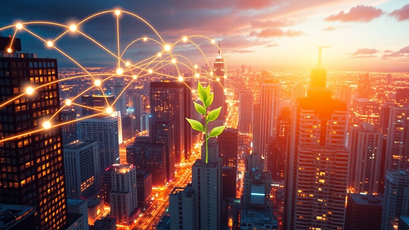 Cityscape with digital pathways and growing plant illustration.