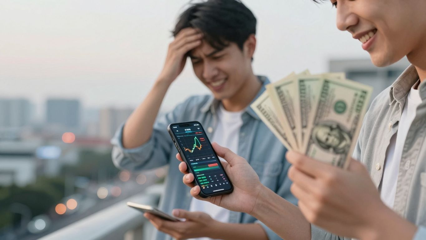 Frustrated person with phone, hopeful person with money.