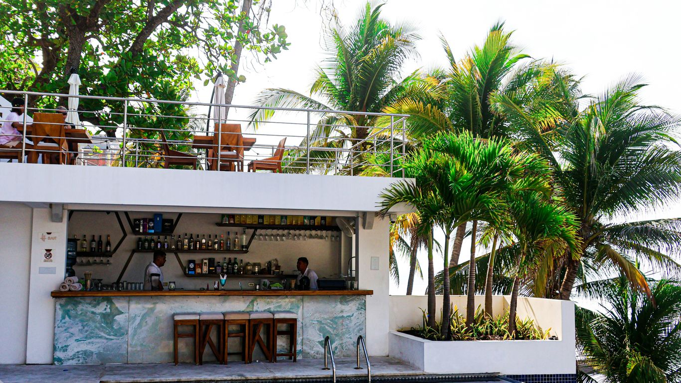 A poolside bar is set amidst palm trees.