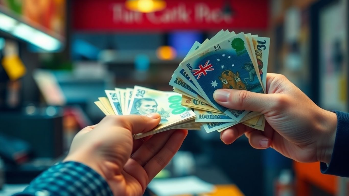 Hands exchanging Australian cash for fast payment.