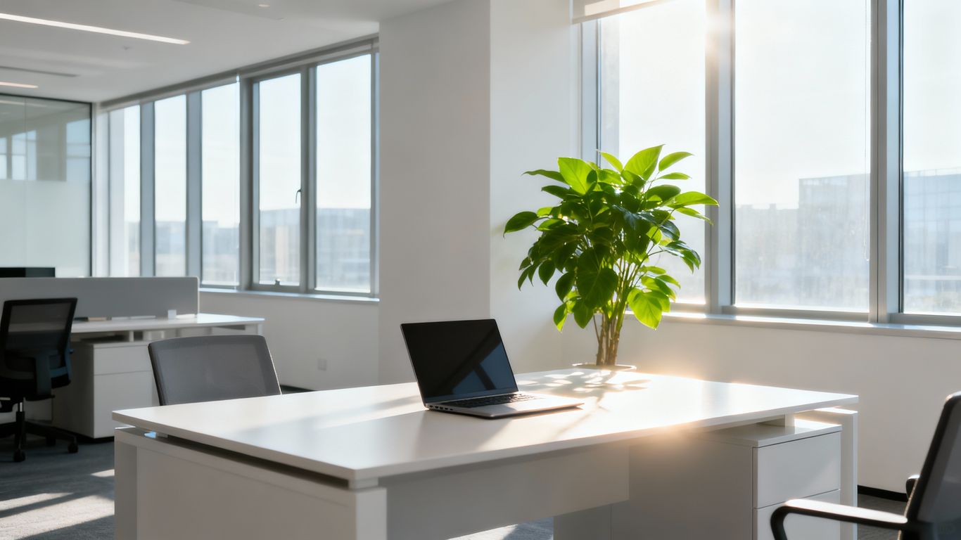 Modern office with desk, laptop, and natural light.