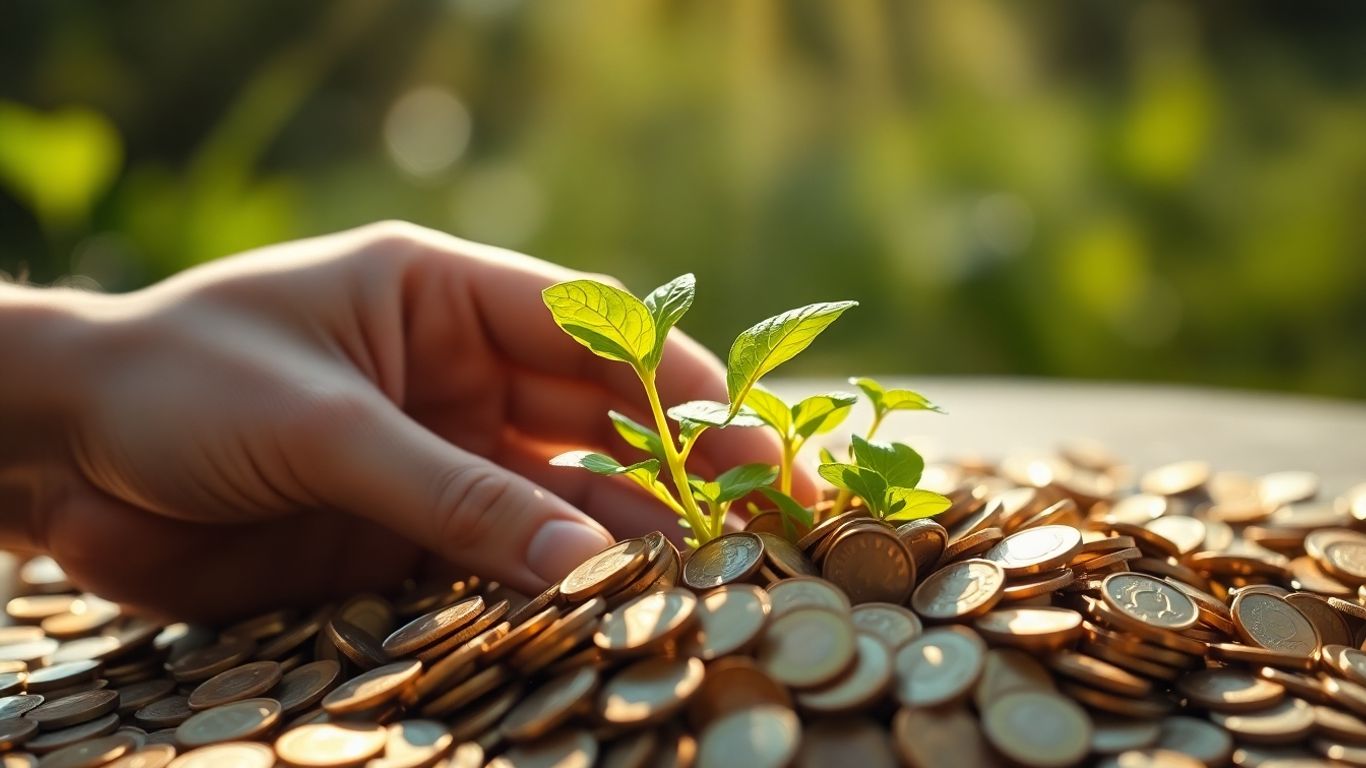 Plant growing from coins, symbolizing financial growth.