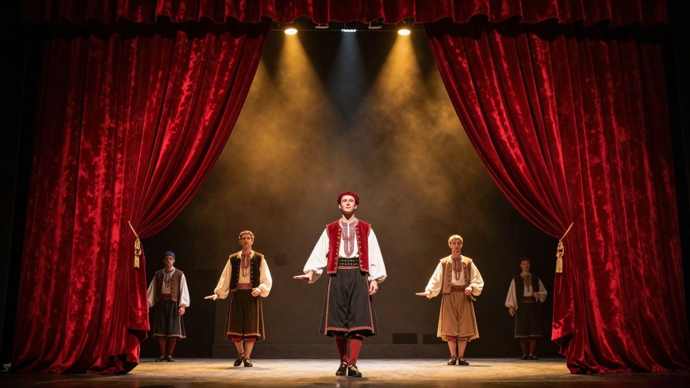 Actori în costume istorice pe scena teatrului românesc.