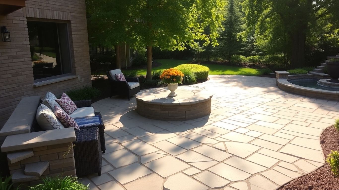 Beautiful stone patio with seating and landscaping.
