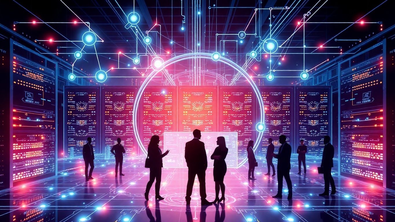 Futuristic IT support infographic with professionals and networks.