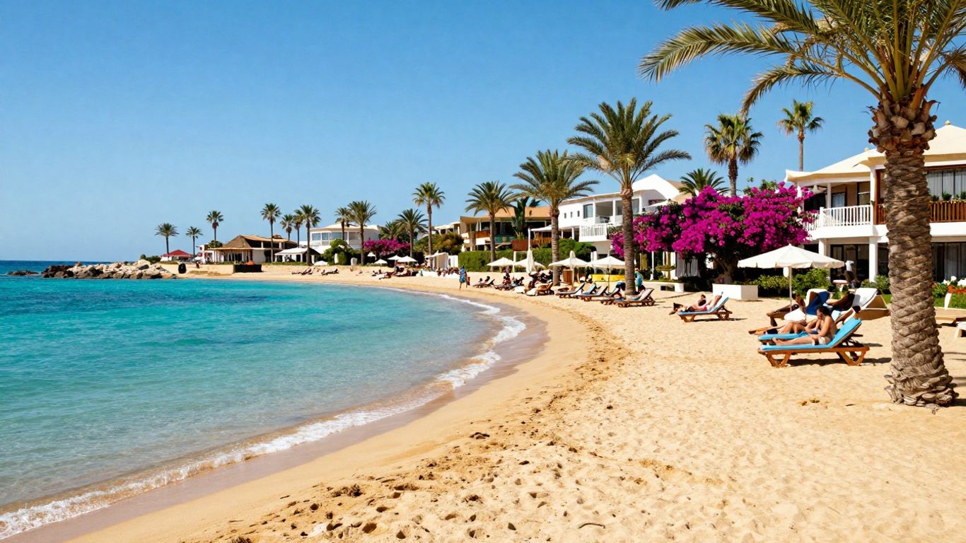 Tunisian beach with resort and palm trees.