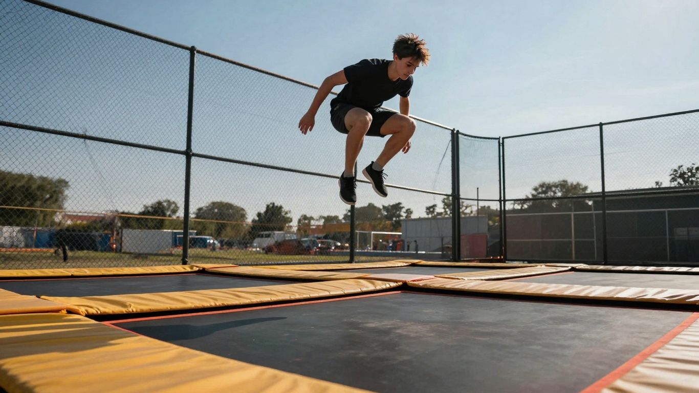 Person jumping high on a trampoline.