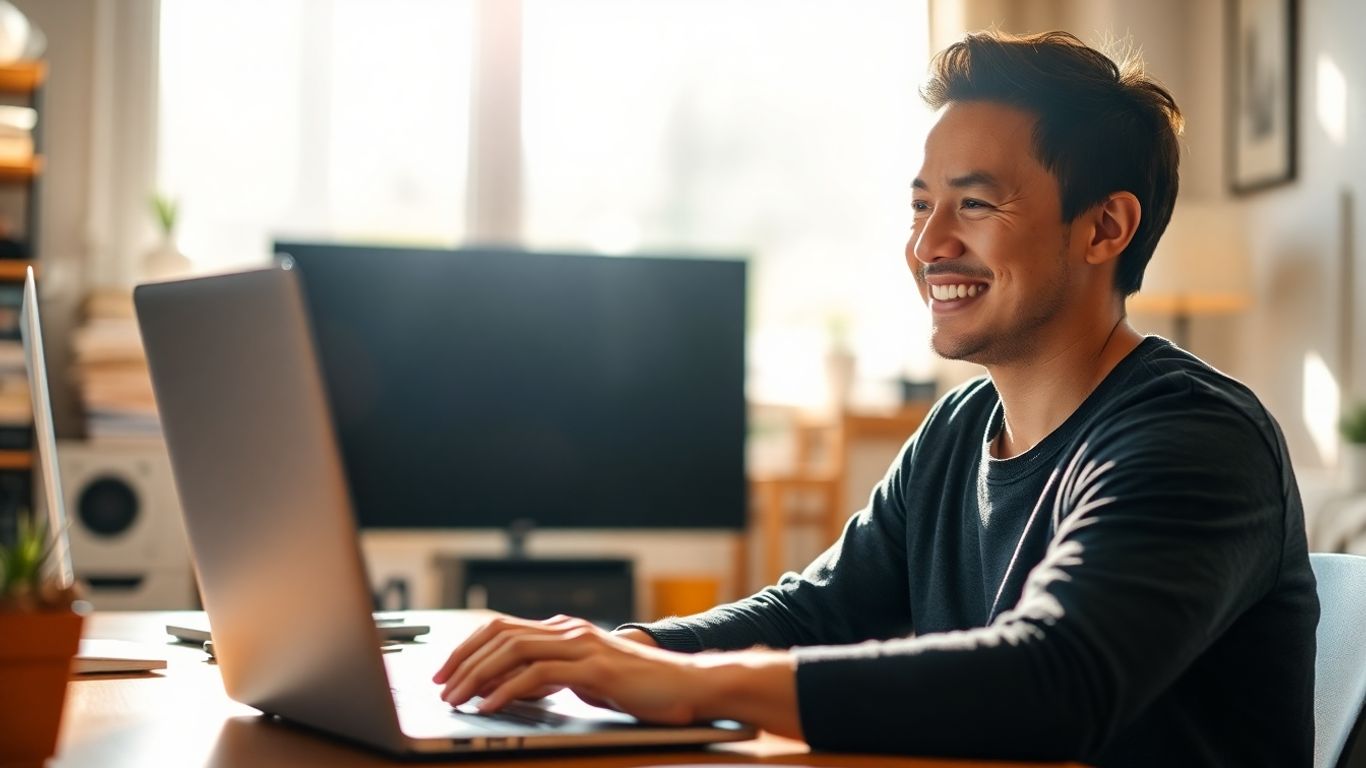 Pessoa sorrindo em aula online em casa.