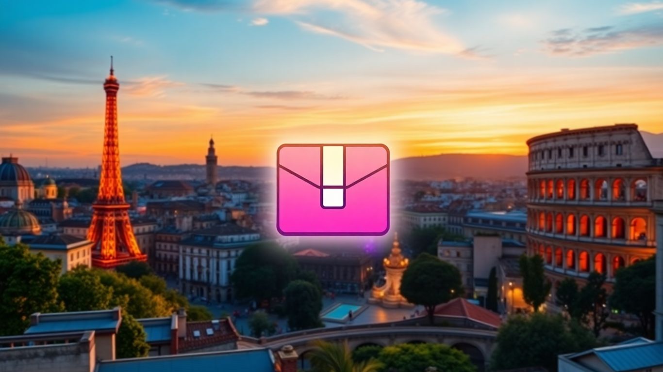European cityscape with a floating package icon.