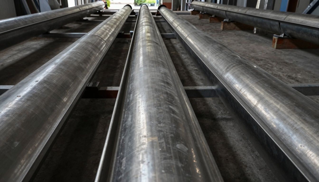 Stainless steel drainage channels side-by-side with fiberglass (FRP) drainage channels, showing real-world installation in a commercial setting