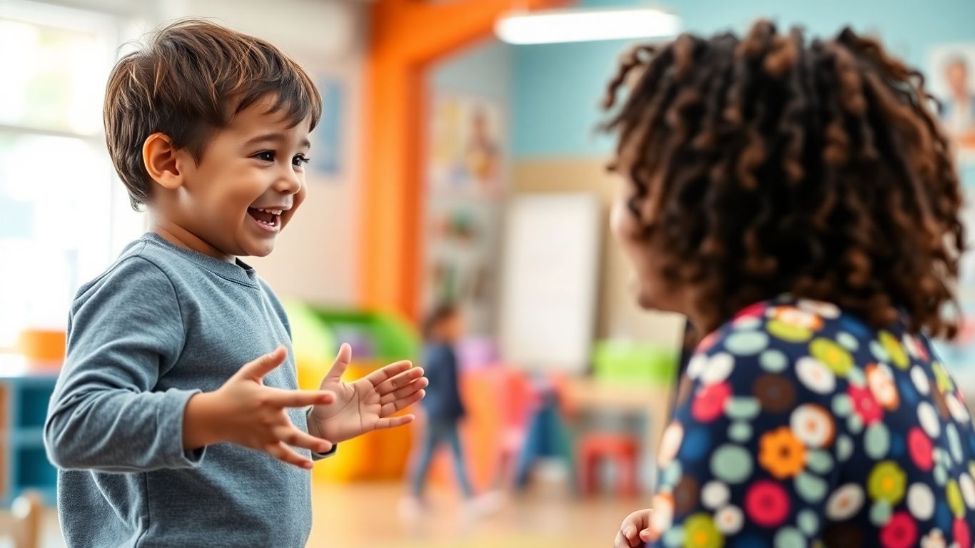 Copilul vorbește cu un adult într-un mediu stimulant.