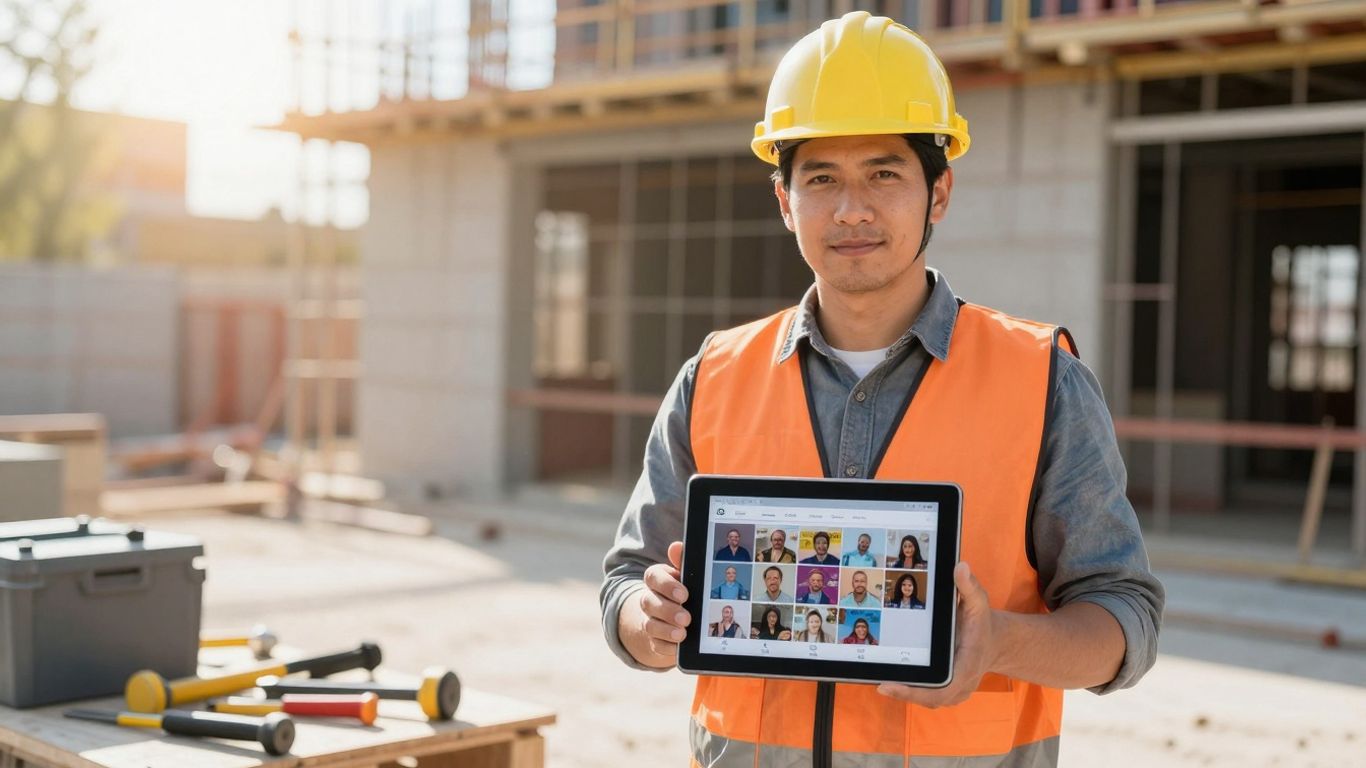 Contractor using a tablet on a construction site.