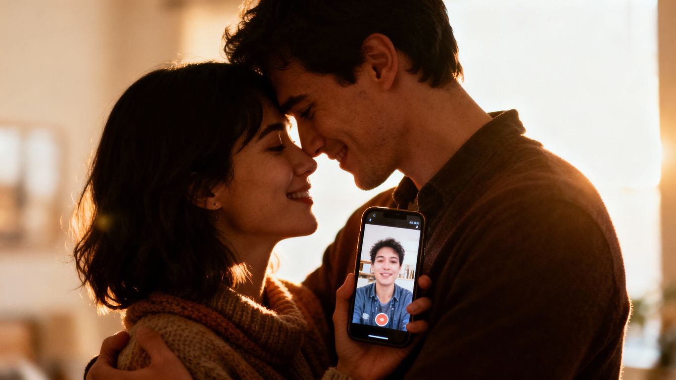 Couple connecting through a video call on a smartphone.