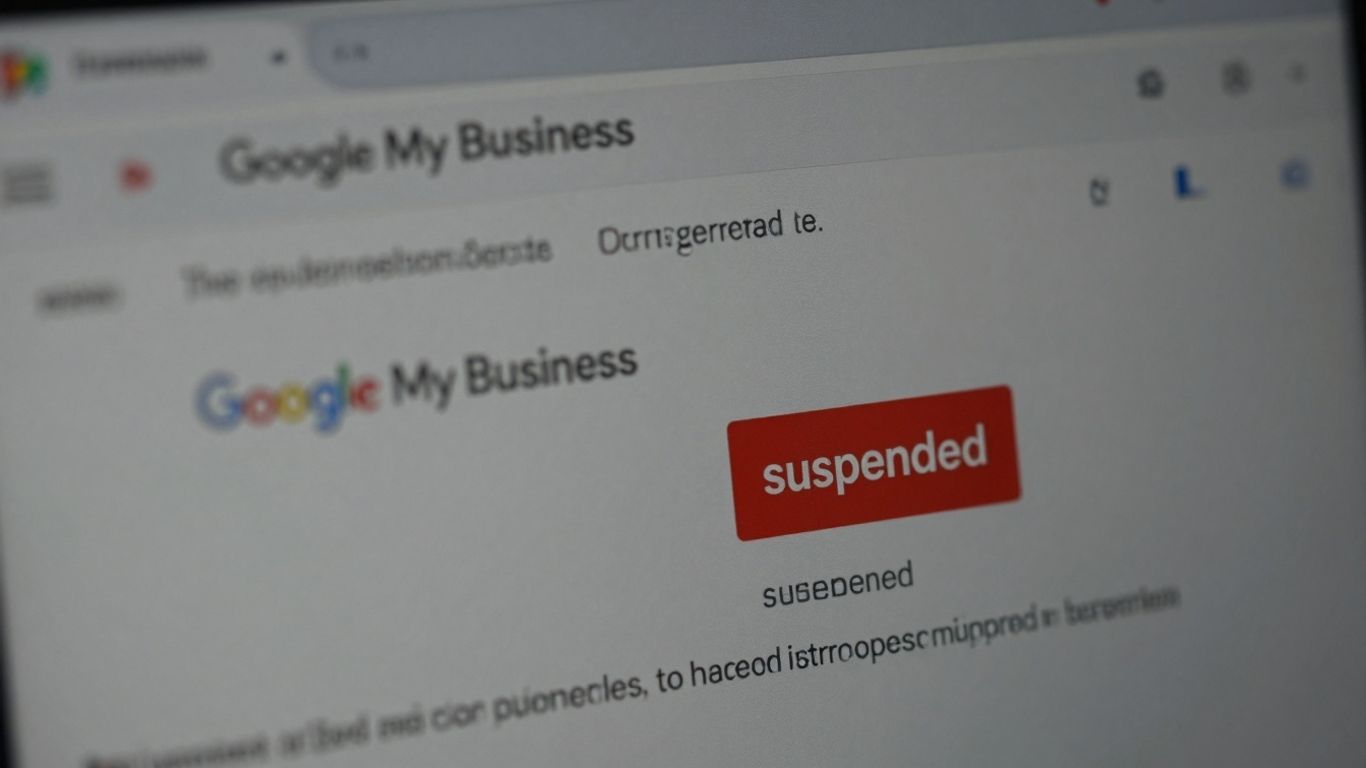 Google My Business suspended listing notification on a computer screen.