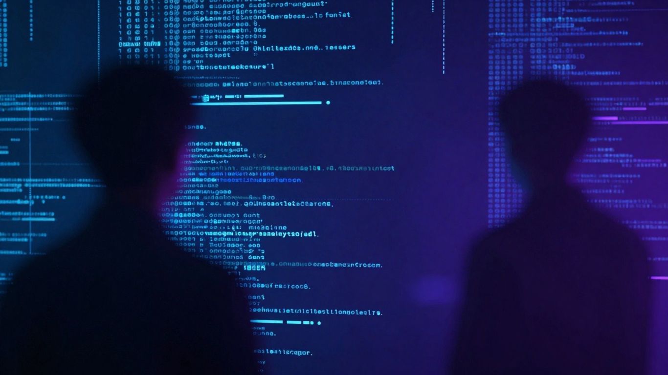 Abstract digital landscape with shadowy figures and glowing code.