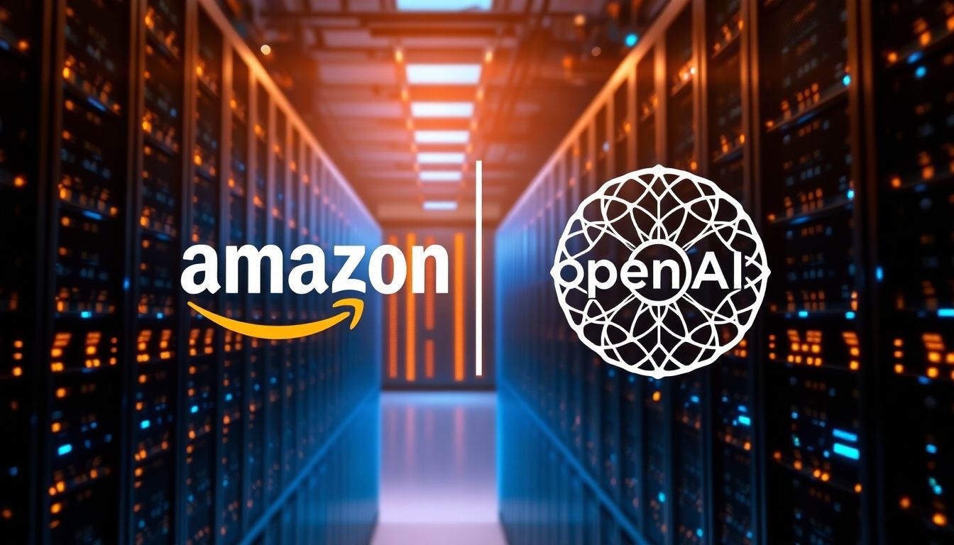 OpenAI and Amazon logos amidst glowing server racks.