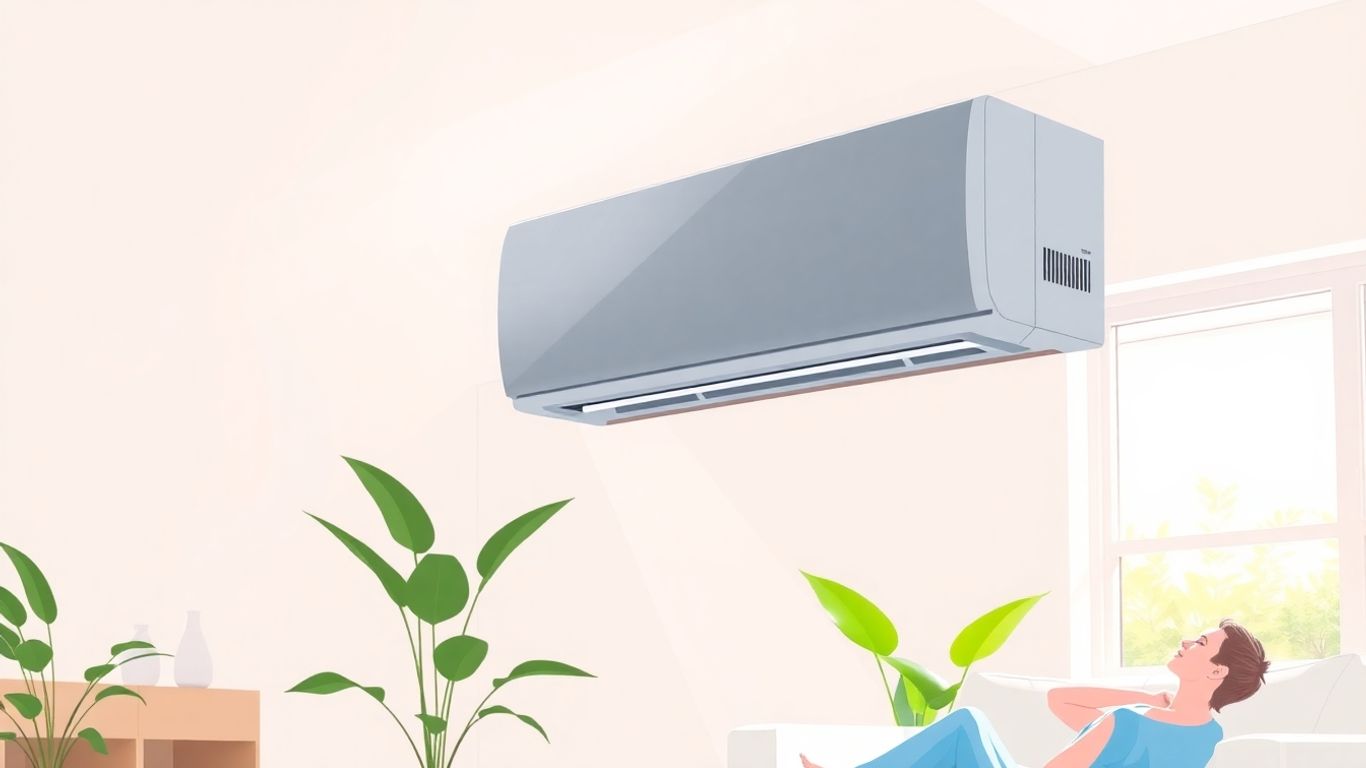 Moderne Klimaanlage im Wohnzimmer mit entspannter Person