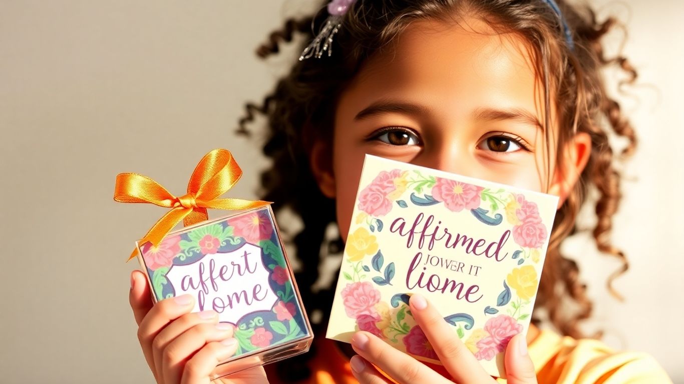 Girl happily holding a colorful affirmation gift.