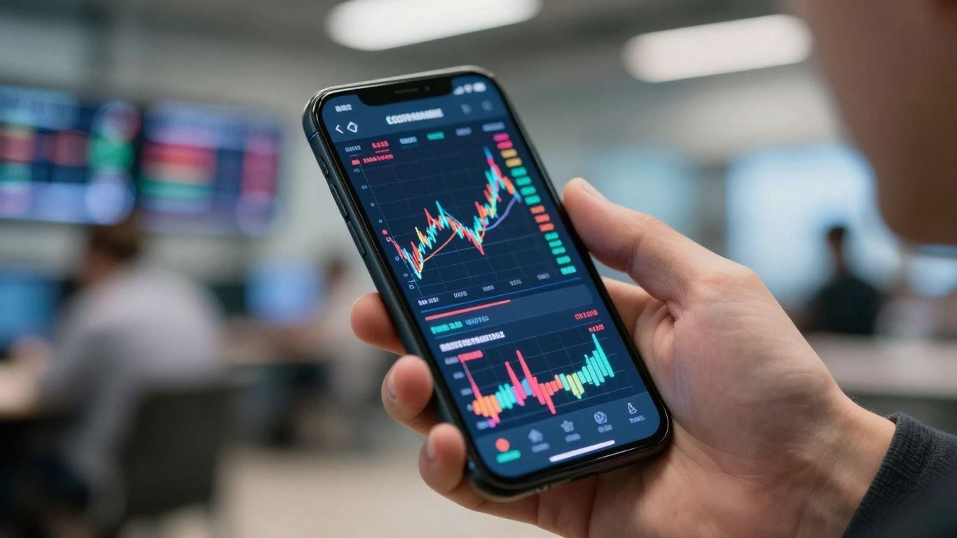 Hand holding smartphone with abstract stock market display.