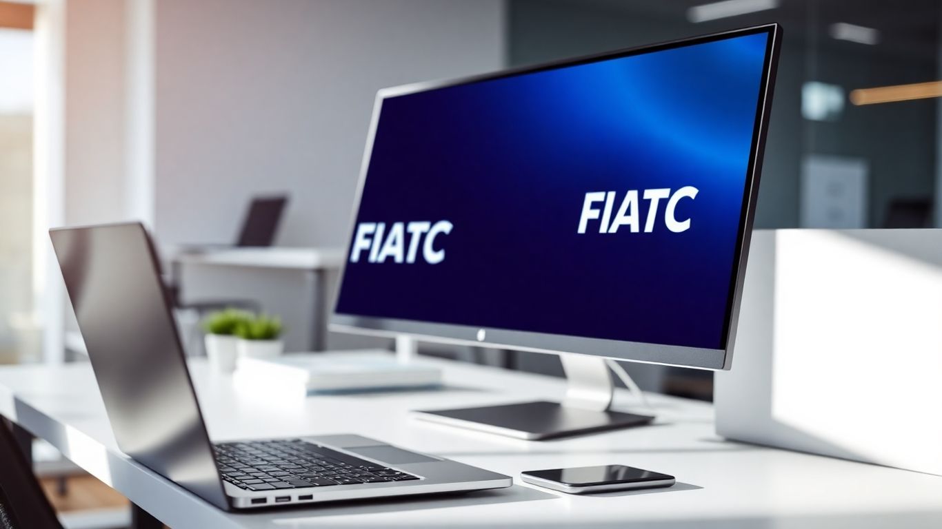 Oficina moderna con portátil y logo de FIATC.