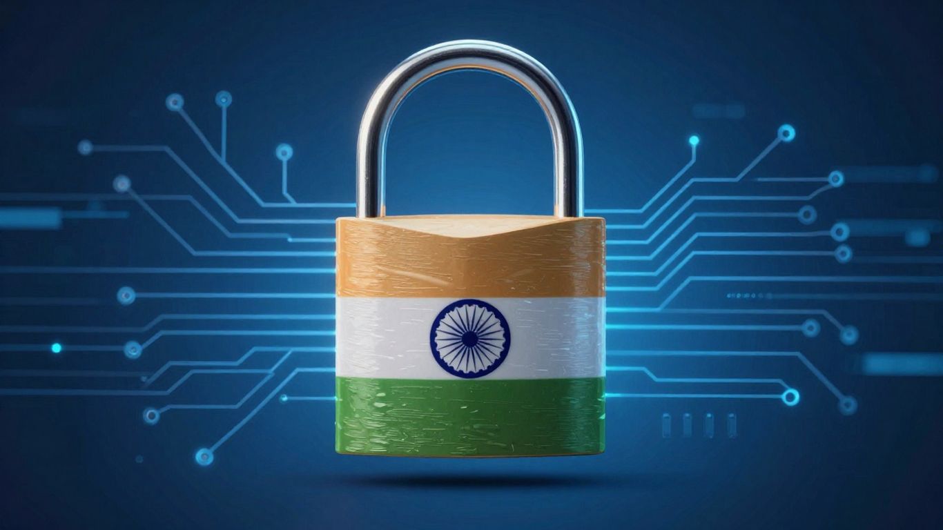 Indian flag with digital padlock and circuit patterns.